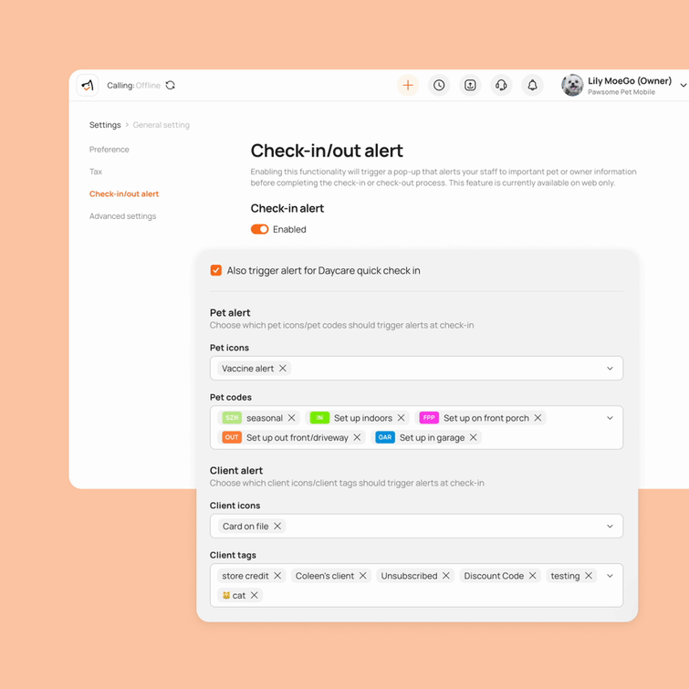 Custom Check-InOut Alerts for Critical Pet & Client Details 